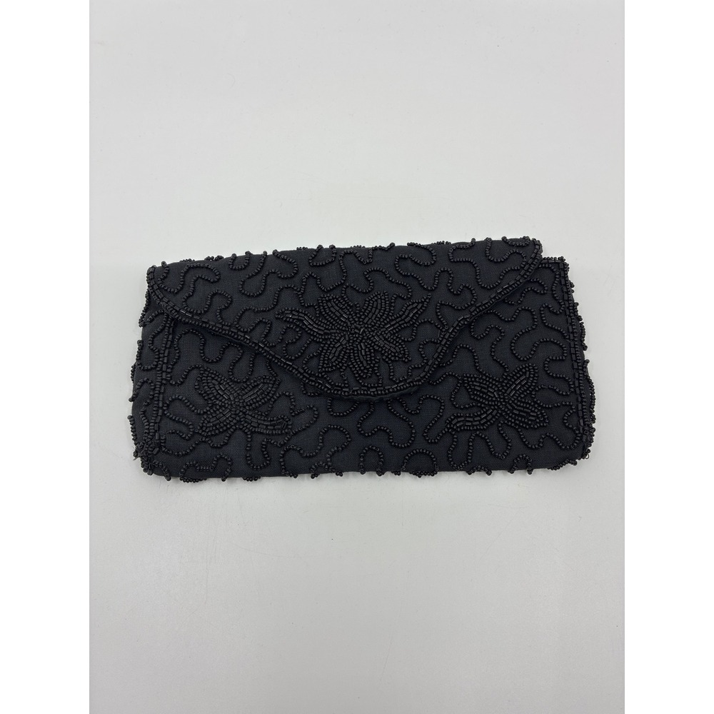 Walborg Vintage Black Beaded Clutch Bag Handmade in Belgium Floral Scroll